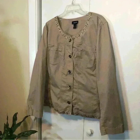Lane Bryant Khaki Twill Jacket Size 28 Gold Silver Studs Button Front - Picture 4 of 13